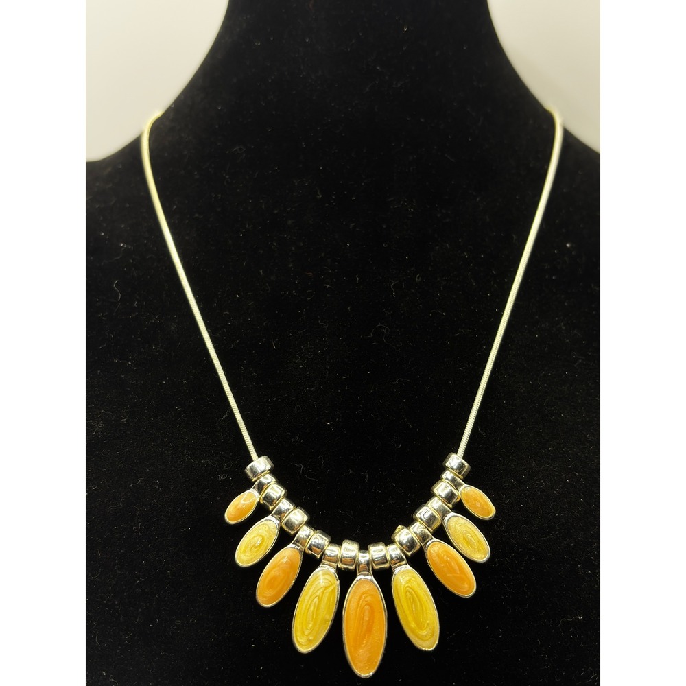 Unbranded Bib Necklace Womens 15" Orange Yellow Enamel Silver Tone Snake Chain